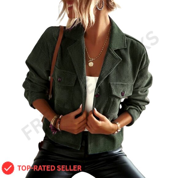 Corduroy Cropped Shacket Button Down Long Sleeve Casual Jacket Women's